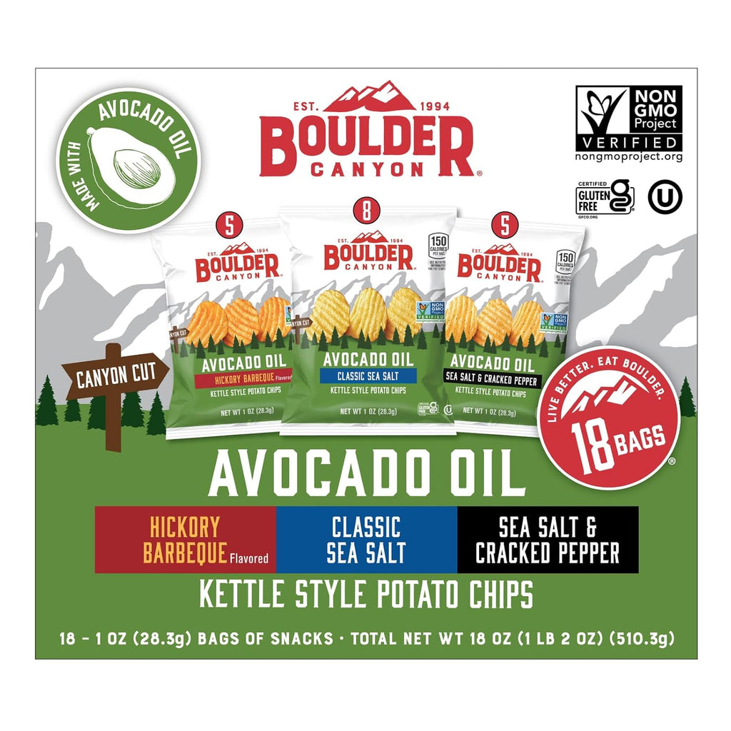 Boulder Canyon Avocado Oil Kettle Style Potato Chips Variety Pack, 18 Count - Gluten-Free, Non-GMO, Hickory Barbecue, Classic Sea Salt, Sea Salt & Cracked Pepper (1 oz Bags)