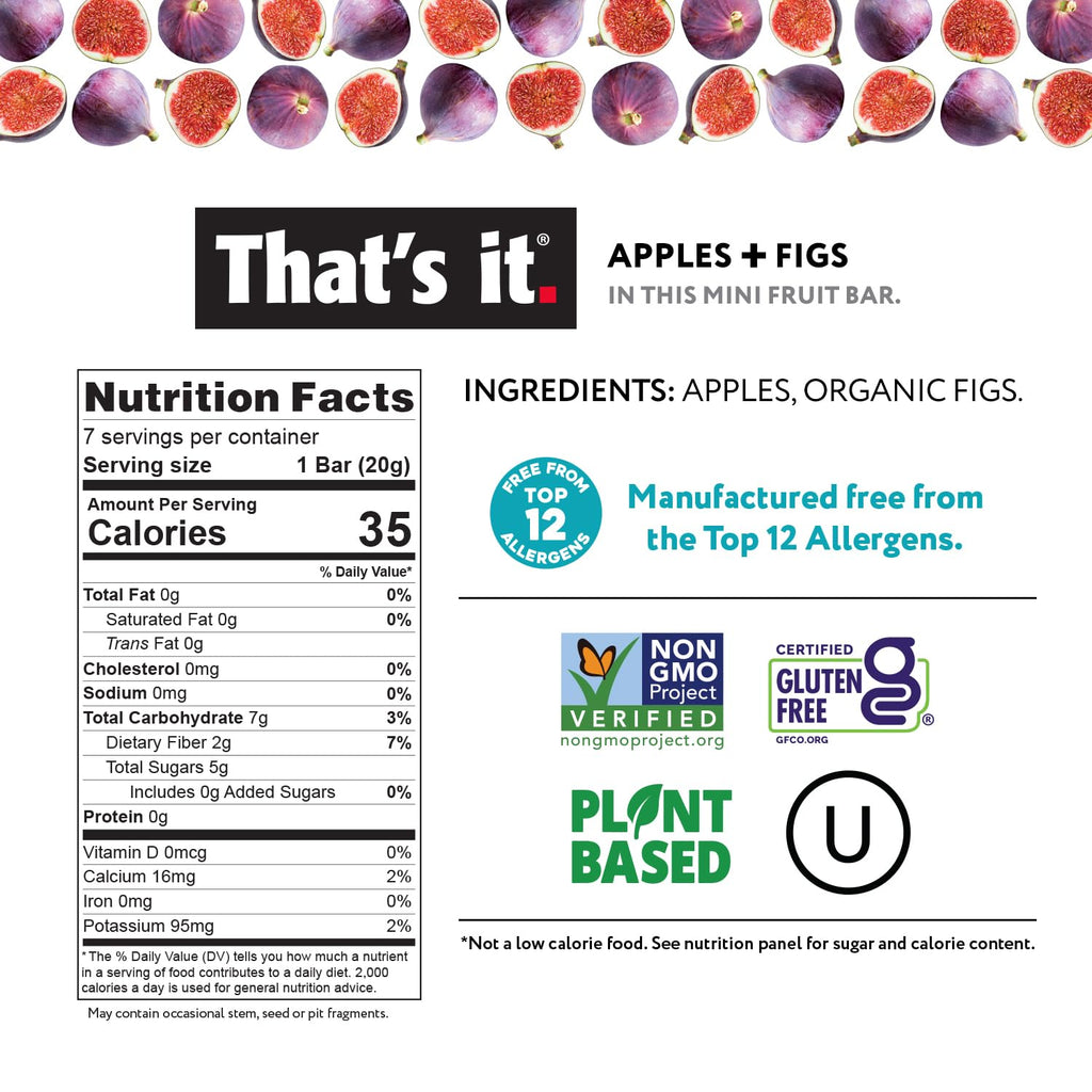 That's it. Mini Fruit Bars (Variety 35 Pack) No Sugar Added, Plant-Based, Vegan & Gluten Free, Breakfast Bar, Paleo, for Children & Adults, Non GMO, Fiber (7 Blueberry, 7 Cherry, 7 Fig, 7 Mango, 7 Strawberry)