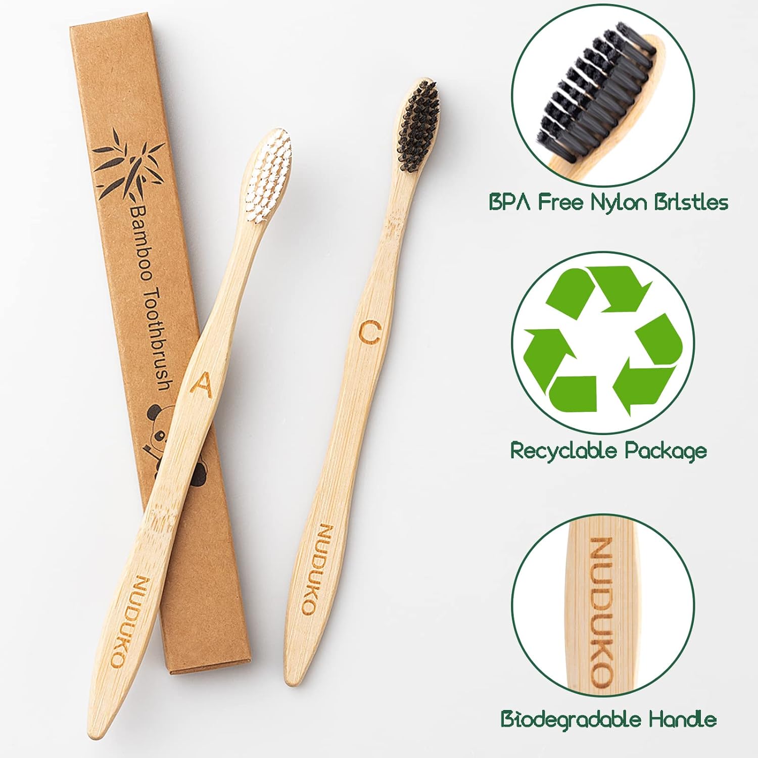 Bamboo Toothbrushes Biodegradable Toothbrush 10 Pack - Eco-Friendly, Natural Wooden Tooth Brush, BPA Free Travel Size Organic Soft Bristle Toothbrush, Soft Toothbrushes for Adults