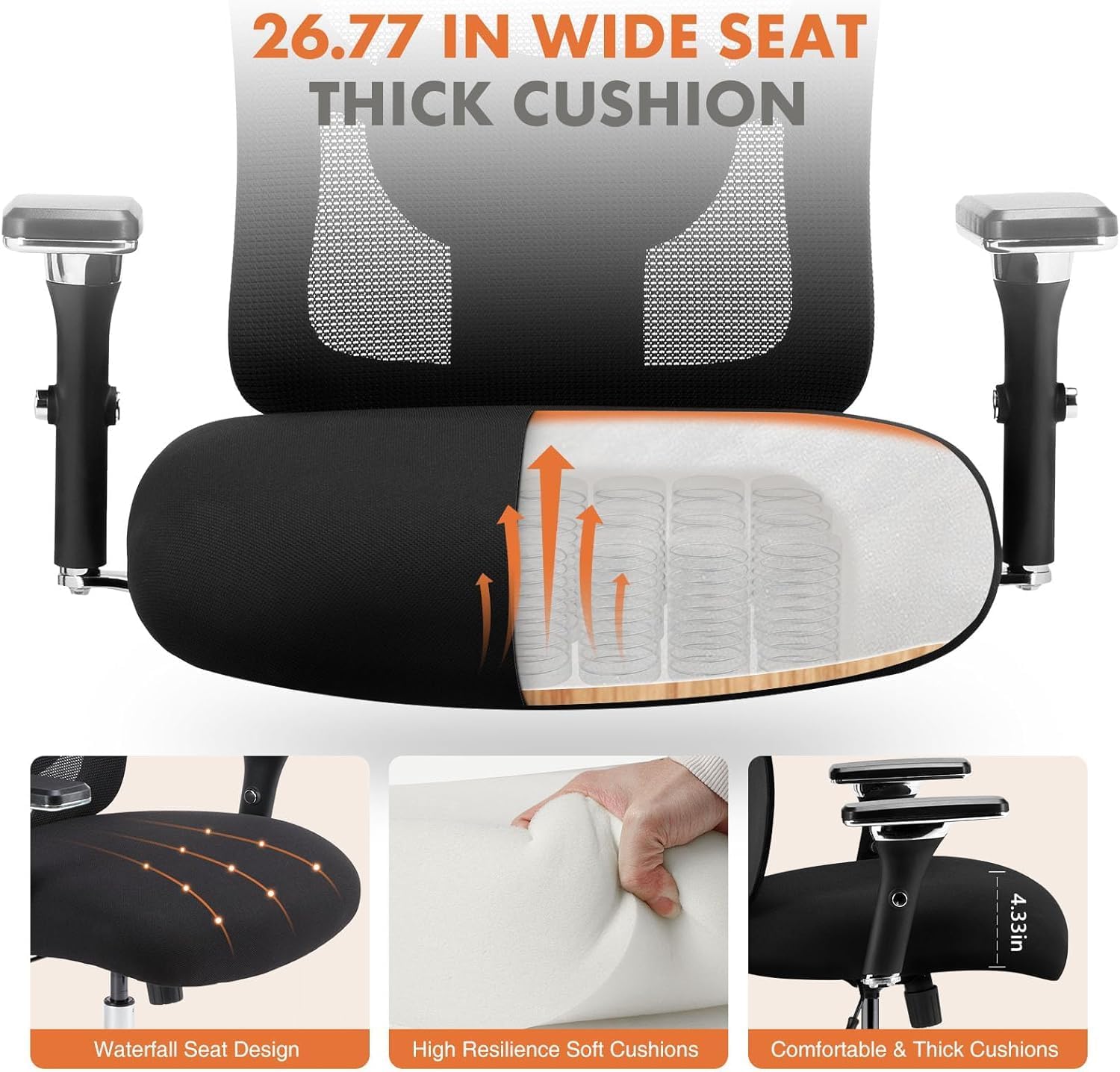 Sweetcrispy Big and Tall Office Desk Chair with Lumbar Support, 500lbs Heavy Duty Mesh Ergonomic Computer Chair with 4D Armrest and Wide Comfy Seat, Wheels for Adult