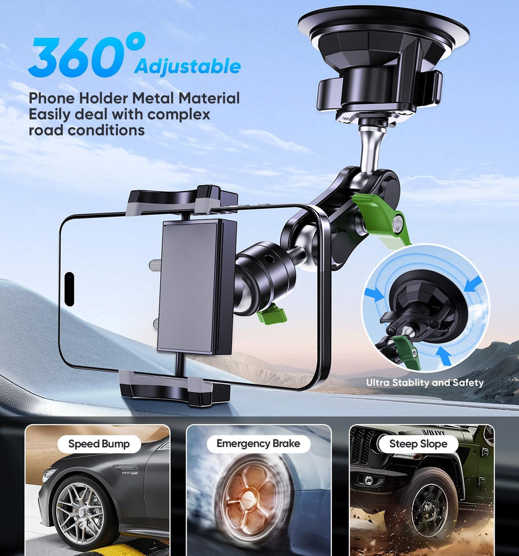 MAGIC JOHN Car Phone Holder, Ultra-Durable Mteal Phone Holders for Your Car, 360° Rotation Cell Phone Car Mount for Windshield, Suction Cup Car Phone Mount for iPhone Samsung All Smartphone