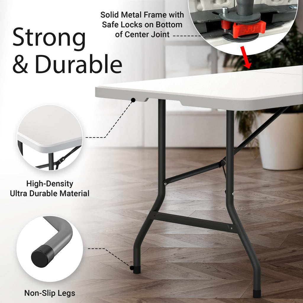 6 Feet Foldable Table with Built in Handle & Steel Legs | 6FT Heavy Duty Folding Portable | Perfect for Party, Dining, Wedding, Events, Picnic Indoor, Outdoor, Camping, Utility, Folding - 6 Foot