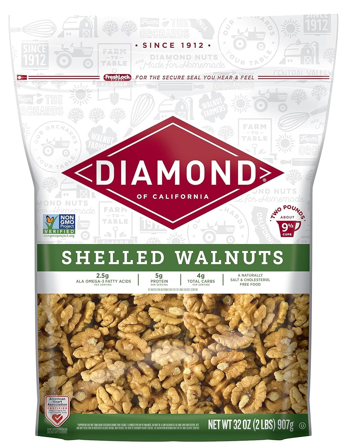 Diamond of California Shelled Walnut Halves and Pieces, Pre-Shelled Raw Walnuts for Baking, Snacking and Salads, 32 oz.