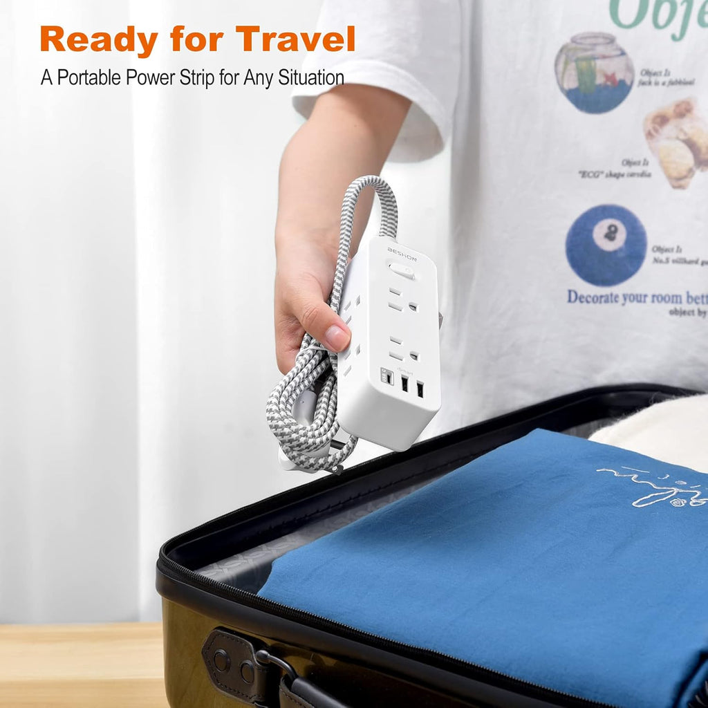 Power Strip Surge Protector, BESHON 5Ft Extension Cord, 6 Outlets with 4 USB Ports (2 USB C Outlet), 3-Side Outlet Extender, Wall Mount, Compact for Travel, Home, School, College Dorm Room and Office