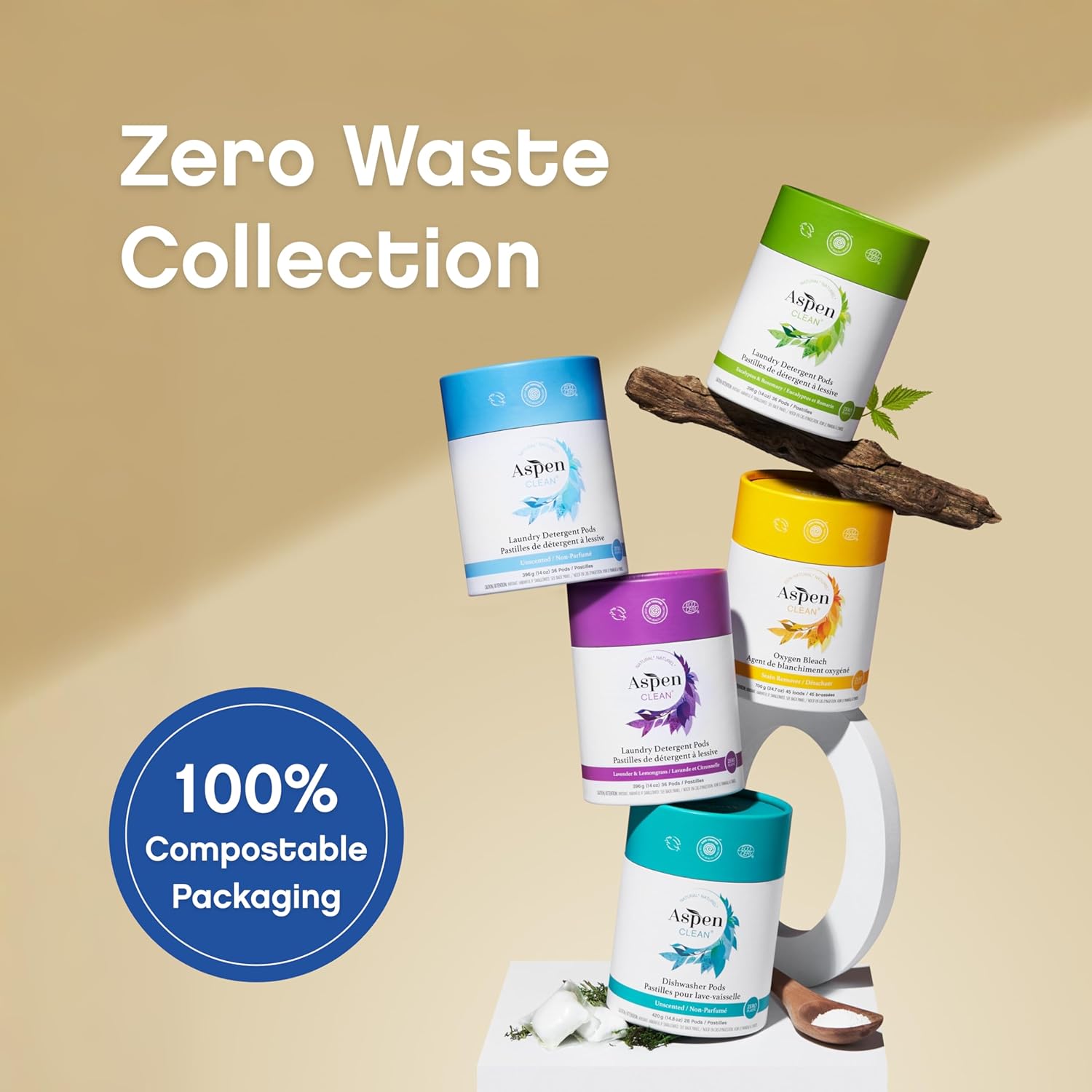 Unscented Dishwasher Pods by AspenClean, Dye-Free, Zero Plastic, EWG Verified™, Vegan, Eco-Friendly, Natural Dishwasher Detergent - 28 Count
