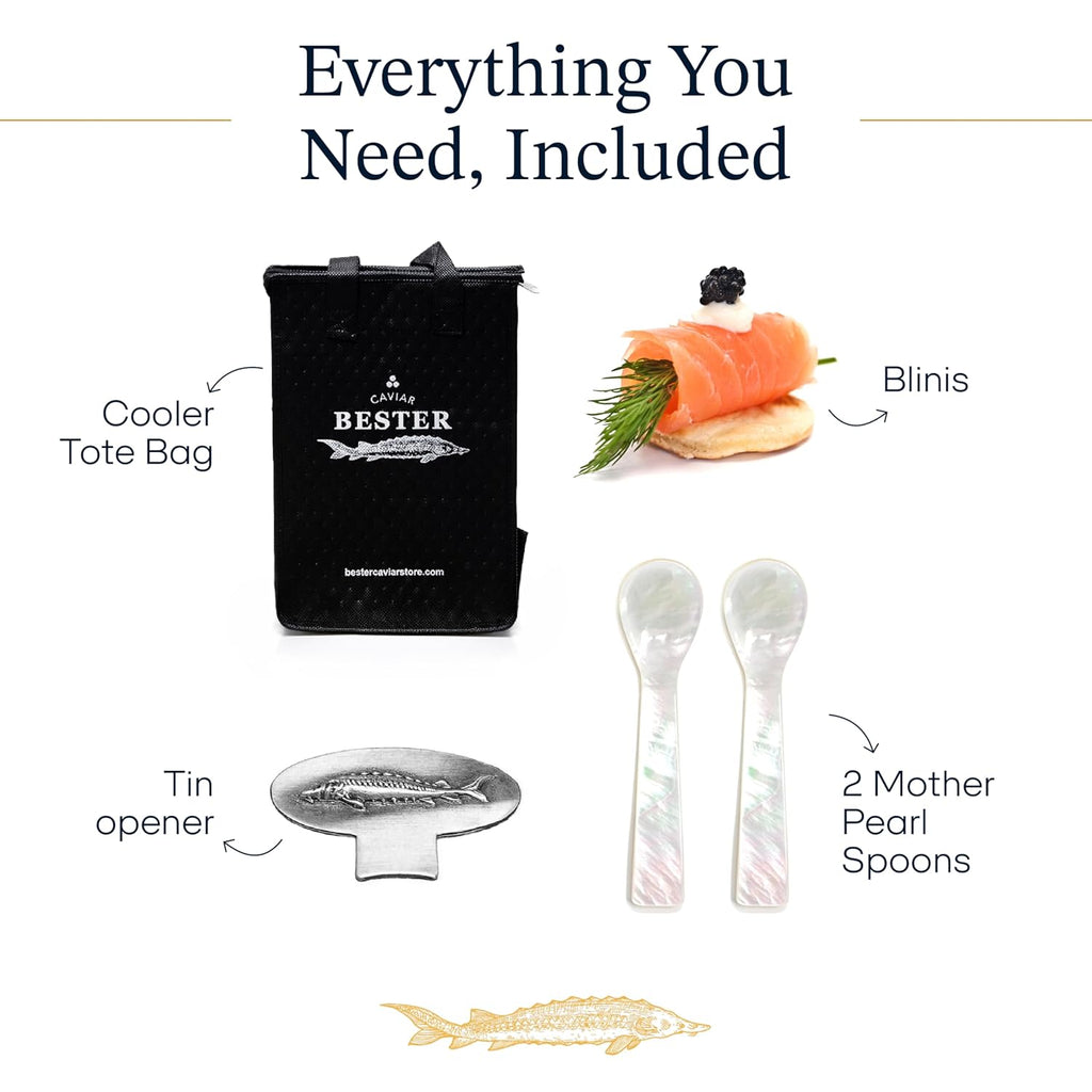 Overnight Guaranteed, BESTER Premium Russian Osetra Sturgeon Black Caviar - (8.8 oz-250g) - Malossol Ossetra Black Roe - Premium Quality, Traditional Style, Imported. Free blinis and 2 spoons.