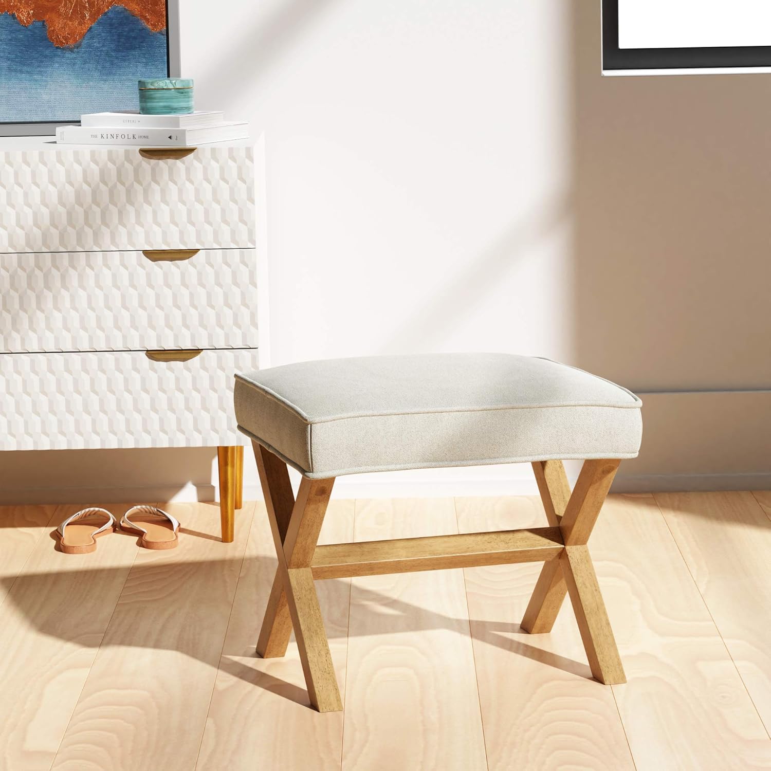 Small Ottoman Foot Rest, Mid-Century Modern X Square Polyester Foot Stool, Linen, Ivory White, 18"D x 19.8"W x 18.3"H