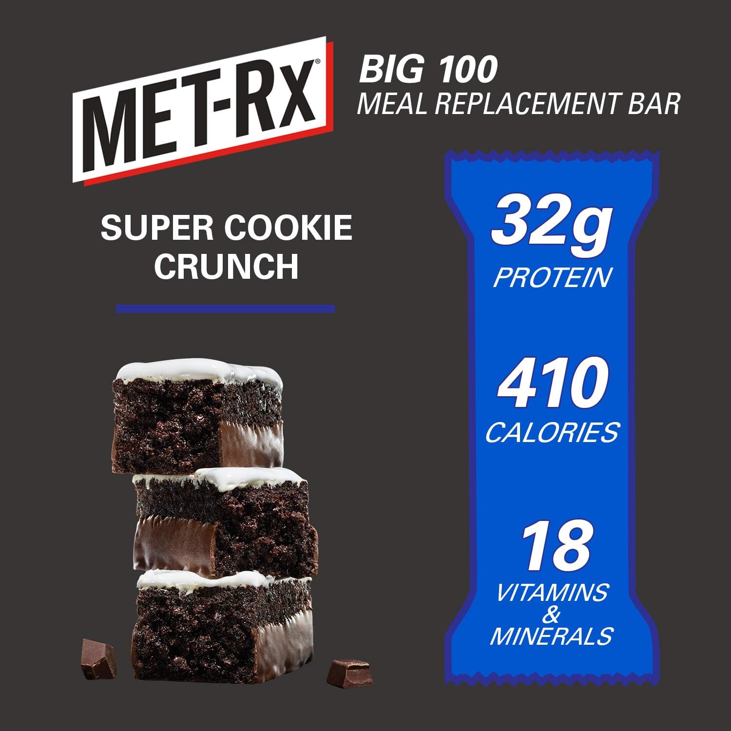 MET-Rx Big 100 Protein Bar, Meal Replacement Bar, 32G Protein, Super Cookie Crunch, 3.52 Oz (Pack of 9)