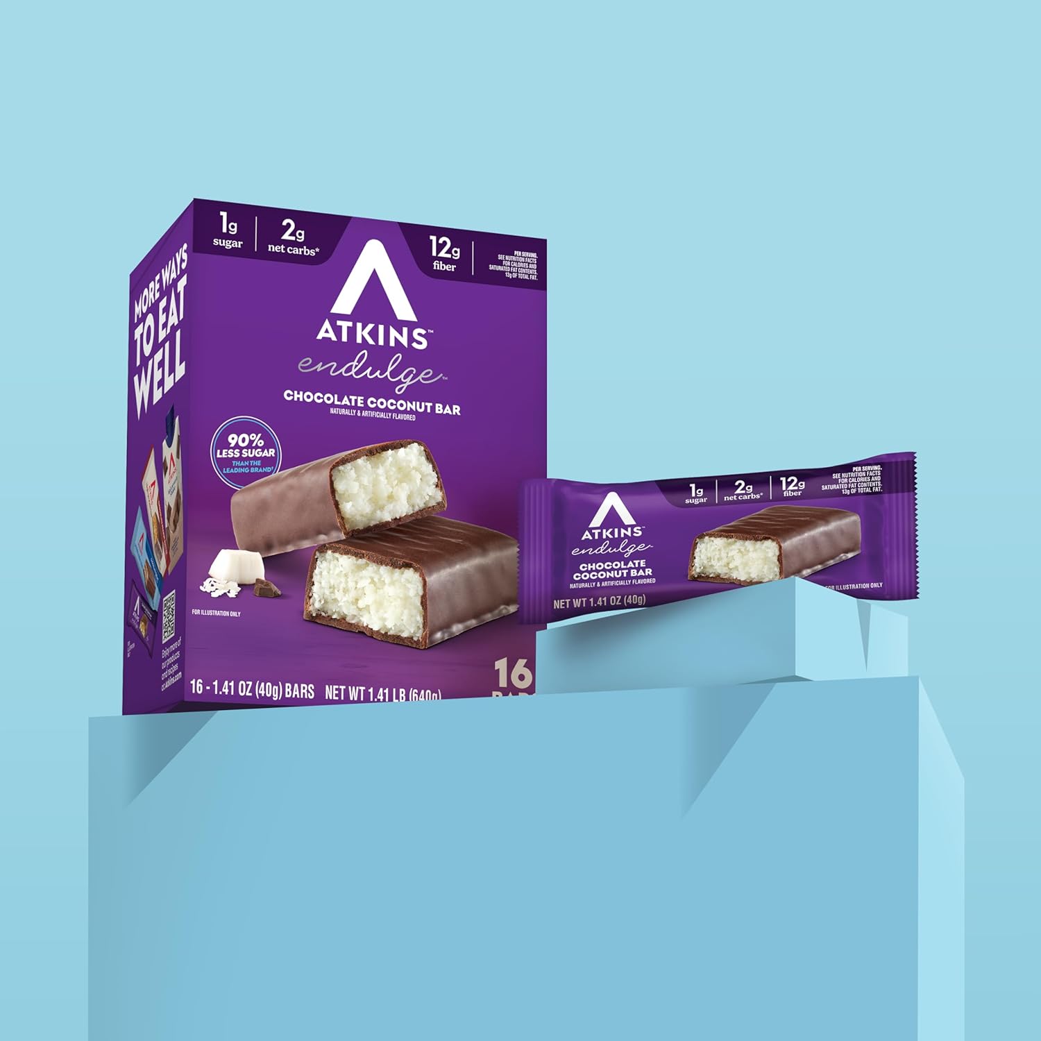 Atkins Endulge Chocolate Coconut Flavored Snack Bar, 1g Sugar, 12g Fiber, Low Sugar Snack, High Fiber Bars, Keto Friendly Treat, 16 Count