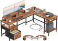 Furologee 66” L Shaped Desk with Power Outlet, Reversible Computer Gaming Desk with File Drawer & 2 Monitor Stands for Home Office with Storage Shelves, Rustic Brown