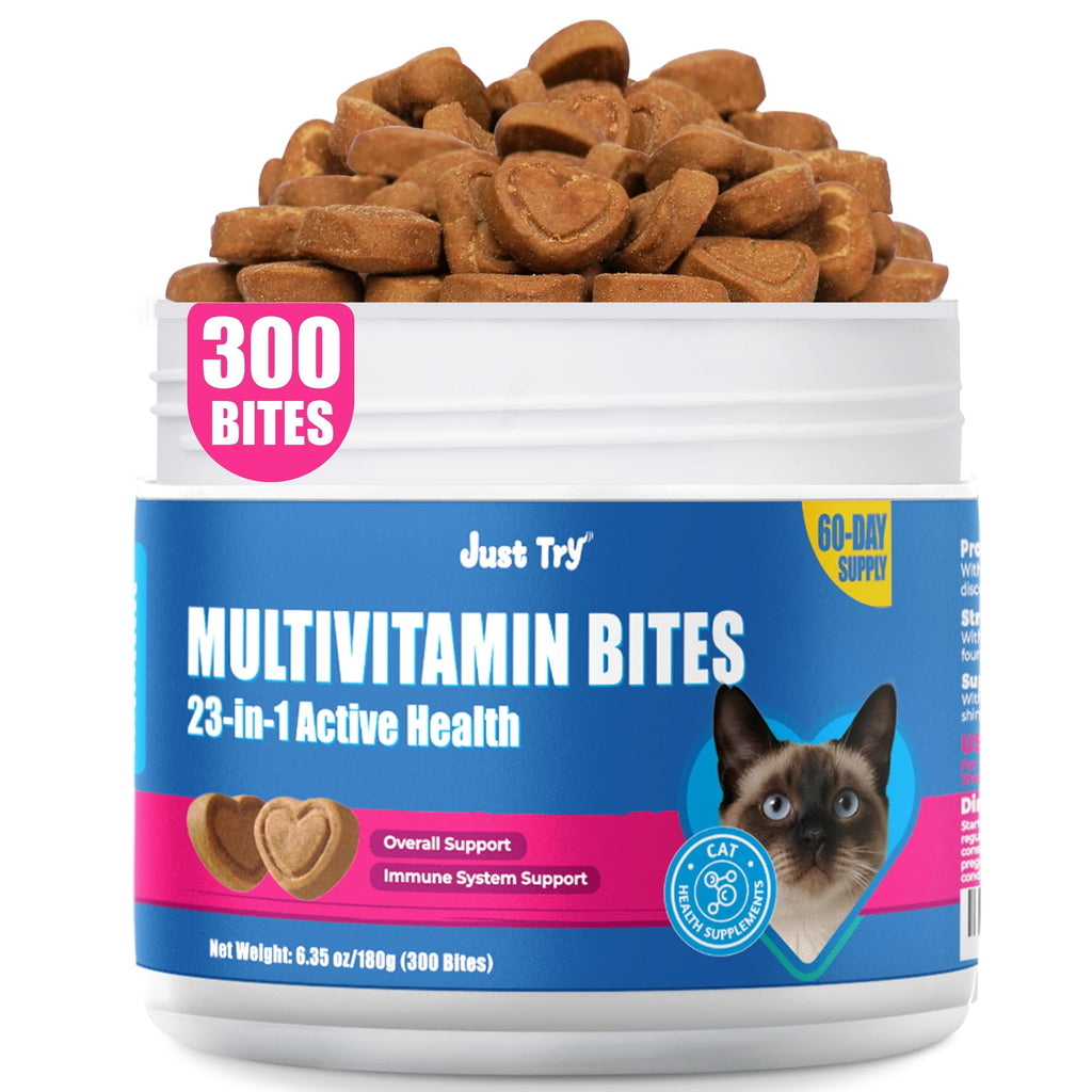 Just Try 23 in 1 Taurine for Cats Vitamins Treats with L-Lysine for Immune, Joint Support Skin & Coat & Heart Health - Multivitamin, HIV Omega 3, Biotin Supplements for Indoor & Senior Cat - 300 Bites