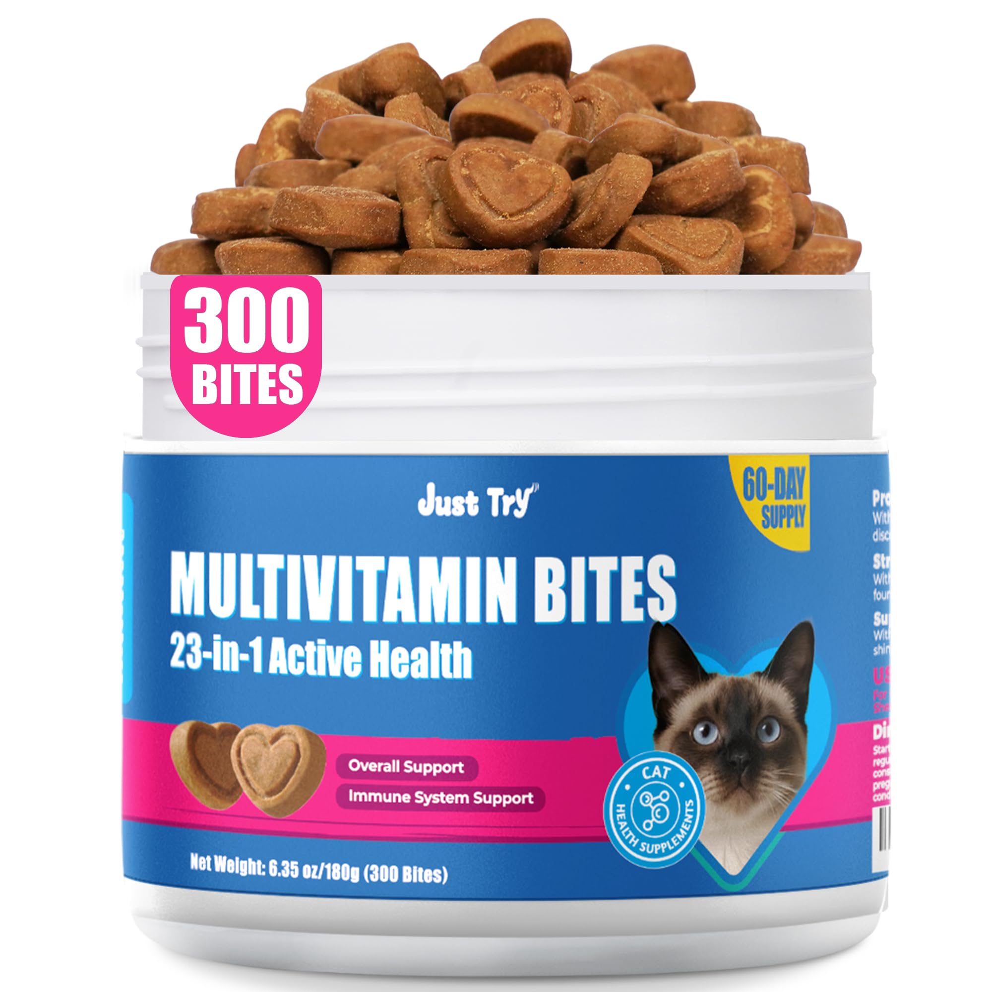 Just Try 23 in 1 Taurine for Cats Vitamins Treats with L-Lysine for Immune, Joint Support Skin & Coat & Heart Health - Multivitamin, HIV Omega 3, Biotin Supplements for Indoor & Senior Cat - 300 Bites