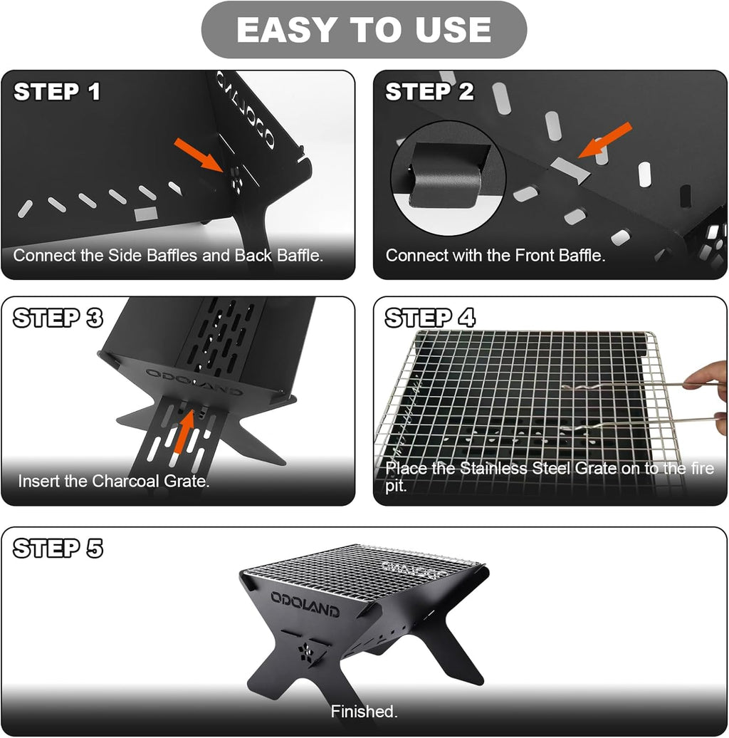 Odoland Camping Campfire Grill, Portable Folding Charcoal Grills, Backpacking BBQ Grill, Heavy Duty Firepit Grill with Carry Bag for Outdoor Cooking, Bonfire, Patio, Backyard