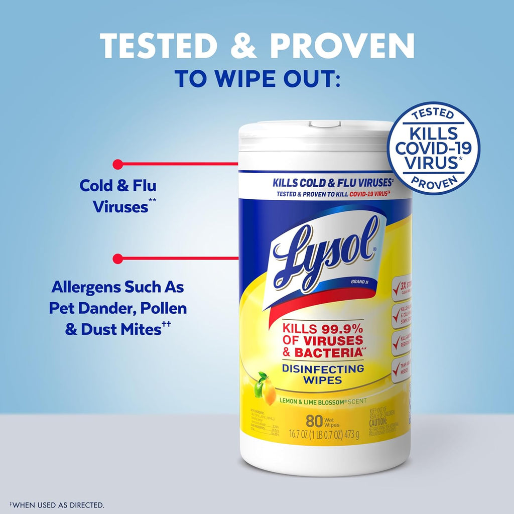Lysol Disinfectant Wipes, Multi-Surface Antibacterial Cleaning Wipes, For Disinfecting and Cleaning, Lemon and Lime Blossom, 80 Count (Pack of 3)