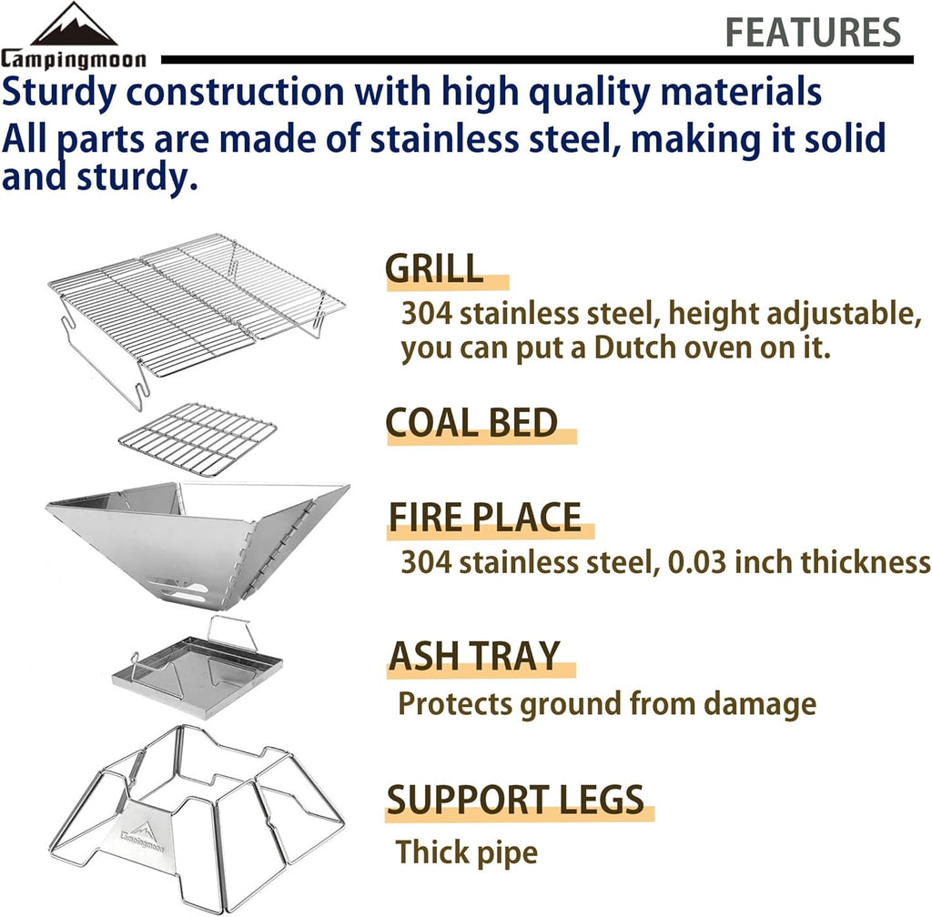 CAMPINGMOON Portable Stainless Steel Campfire Fire Pit Foldable Wood Burning Charcoal Grill for Camping Stove, Outdoor Cooking, Folding BBQ Grill 14-inch with Carry Bag MT-2