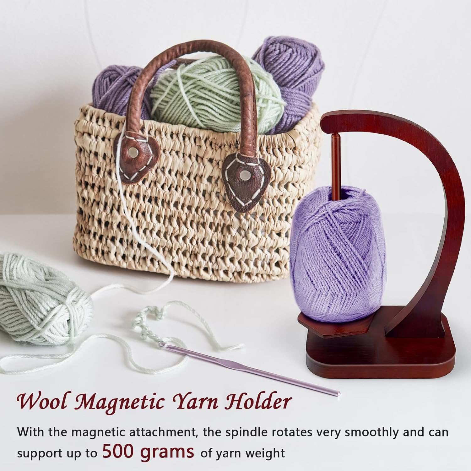 JUCPASH Yarn Holder for Crocheting and Knitting, Wooden Yarn Spinner with Magnetic Rotating Mechanism and Anti-Slip Pads, Crochet Gift for Knitting Lovers - Brown