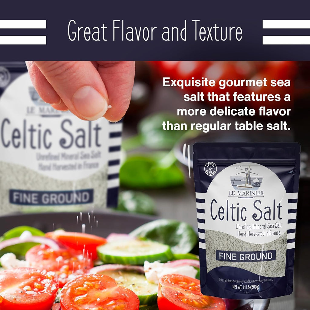 Le Marinier Celtic Salt Organic Fine Ground, 1.1lb - 18oz. Mineral Rich. 100% Natural and Unrefined. French Sea Salt Organic Vital Minerals. Hand Harvested Mineral Salt (1.1lb Fine Ground)