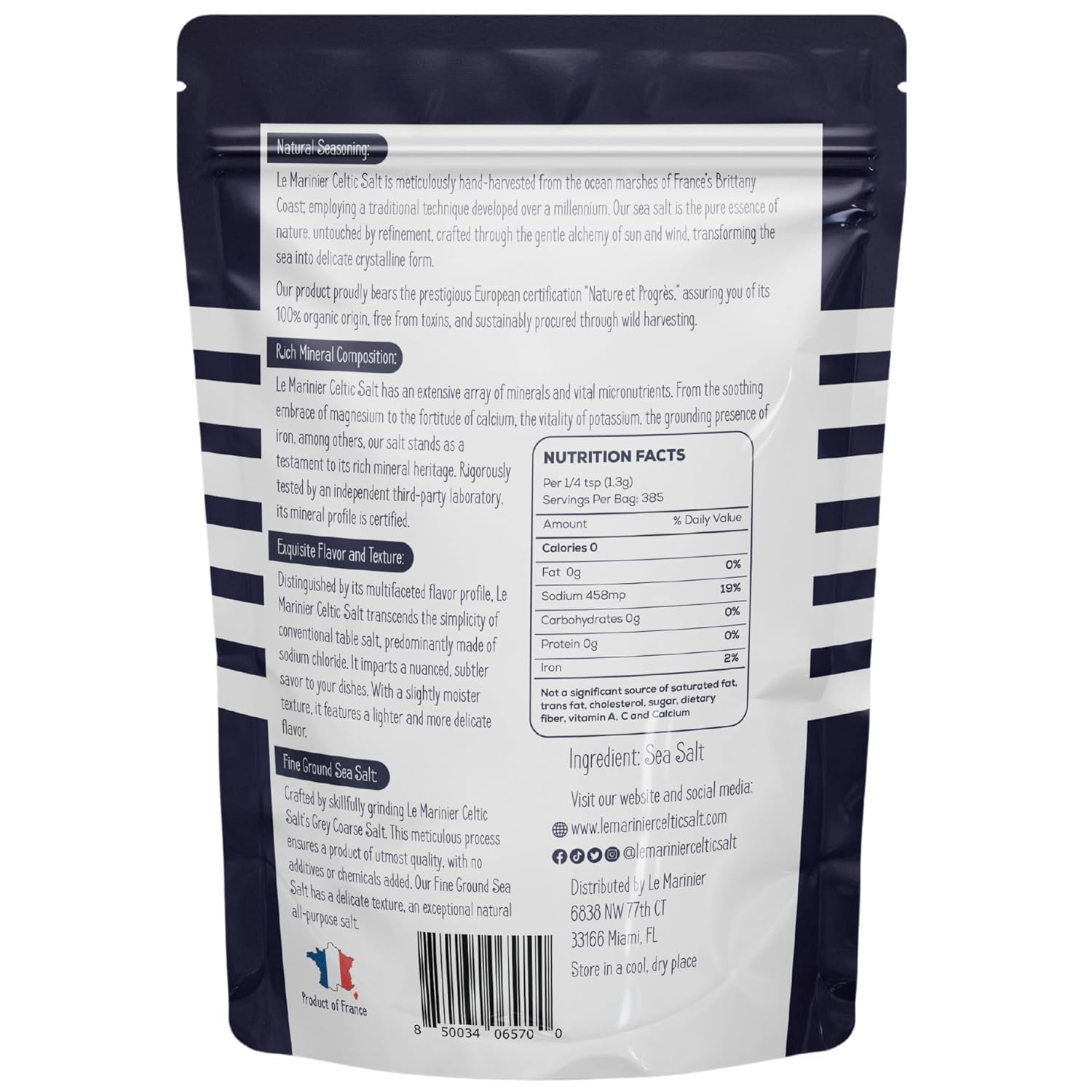 Le Marinier Celtic Salt Organic Fine Ground, 1.1lb - 18oz. Mineral Rich. 100% Natural and Unrefined. French Sea Salt Organic Vital Minerals. Hand Harvested Mineral Salt (1.1lb Fine Ground)