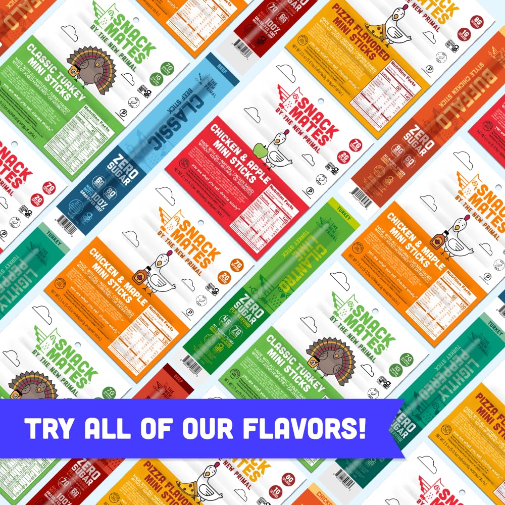 The New Primal Snack Mates Chicken & Maple Sticks, Gluten Free Healthy Snacks for Kids, Low Sugar High Protein Back to School Snacks, Mini Paleo Jerky Meat Stick, 5g Protein, 35 Calories, 15 Pack