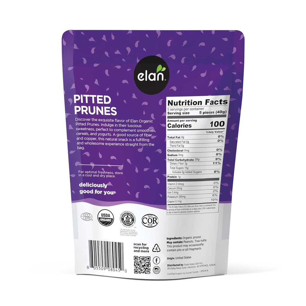 Elan Organic Pitted Prunes, 7.9 oz, Natural Dried Fruit, No Sugar Added, Sulphite-free, Non-GMO, Vegan, Gluten-Free, Kosher, Healthy Snack, Dried Plums