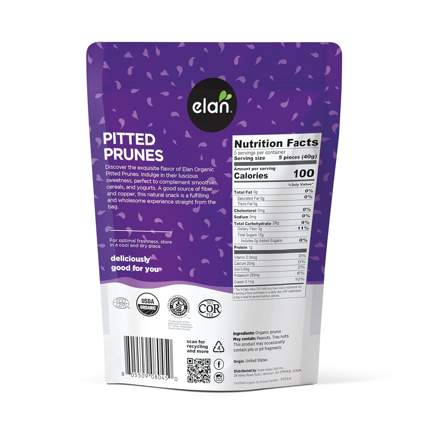 Elan Organic Pitted Prunes, 7.9 oz, Natural Dried Fruit, No Sugar Added, Sulphite-free, Non-GMO, Vegan, Gluten-Free, Kosher, Healthy Snack, Dried Plums