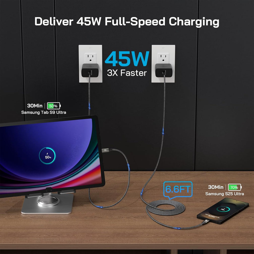 45W Super Fast Charger Type C, [2 Pack] 45 Watt USB-C Charger PD/PPS Wall Charging Block for Samsung Galaxy S25 Ultra/S25+/S25/S24/S23 Ultra/S23+/S22 Ultra/S22+/S20 Ultra, Tab S8(with 2X 6.6ft Cable)