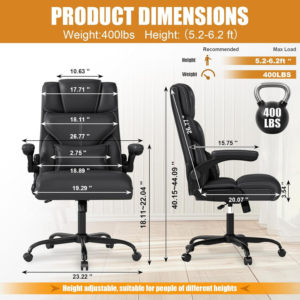Executive Office Chair with Flip-up Armrests,Ergonomic Computer Desk Chairs,Mid-Tall Back Leather Office Chair 400 Lbs,Lumbar Support Swivel PC Chair with Rocking Function