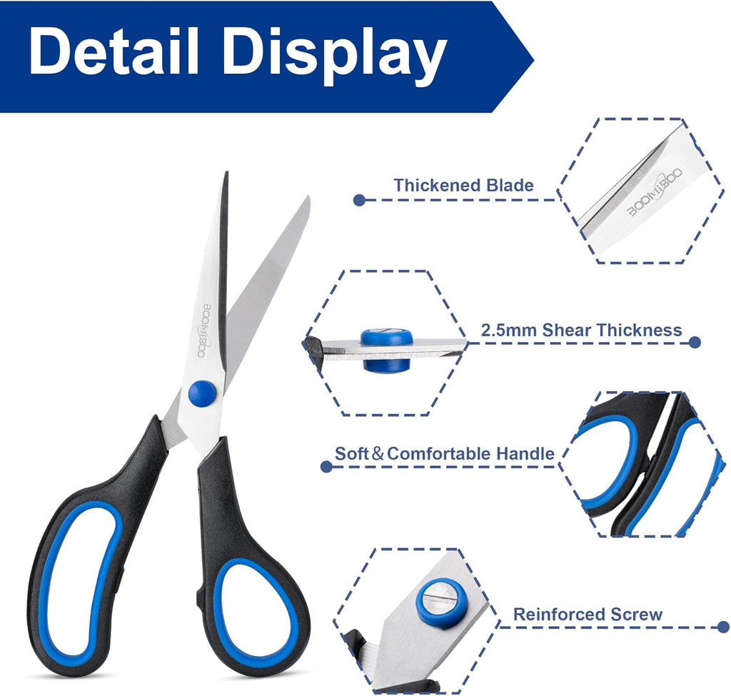 Scissors, BOOMIBOO 8" All Purpose 6 Pack - Comfort-Grip Scissors for Office Desk Accessories Sewing Fabric Home Craft School Supplies, Teacher/Class Supplies, Right/Left Handles