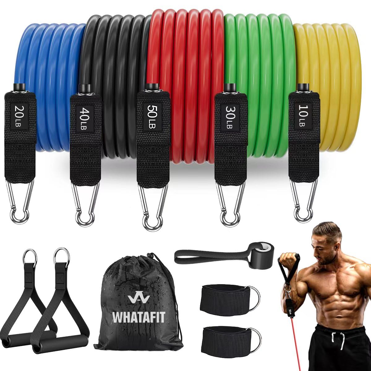 WHATAFIT Resistance Bands, Exercise Bands, Workout Bands with Handles, Door Anchor and Ankle Straps, 5 Resistance Levels Fitness Bands for Strength Training, Physical Therapy, and Home Gym Equipment