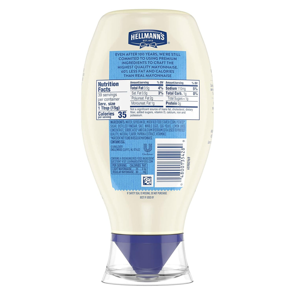 Hellmann's Light Mayonnaise Light Mayo Squeeze Bottle For a Creamy Condiment for Sandwiches and Simple Meals Made With 100% Cage-Free Eggs 20 oz