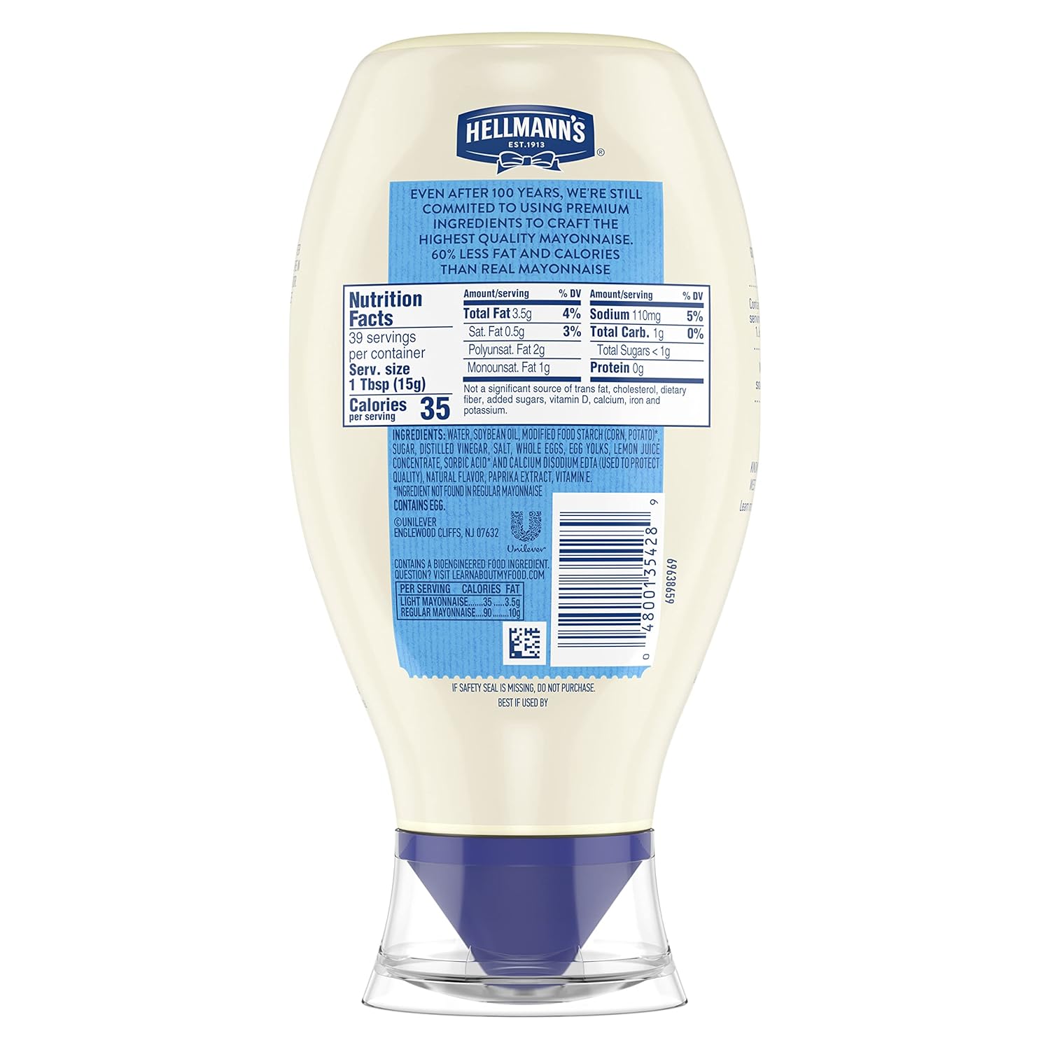 Hellmann's Light Mayonnaise Light Mayo Squeeze Bottle For a Creamy Condiment for Sandwiches and Simple Meals Made With 100% Cage-Free Eggs 20 oz