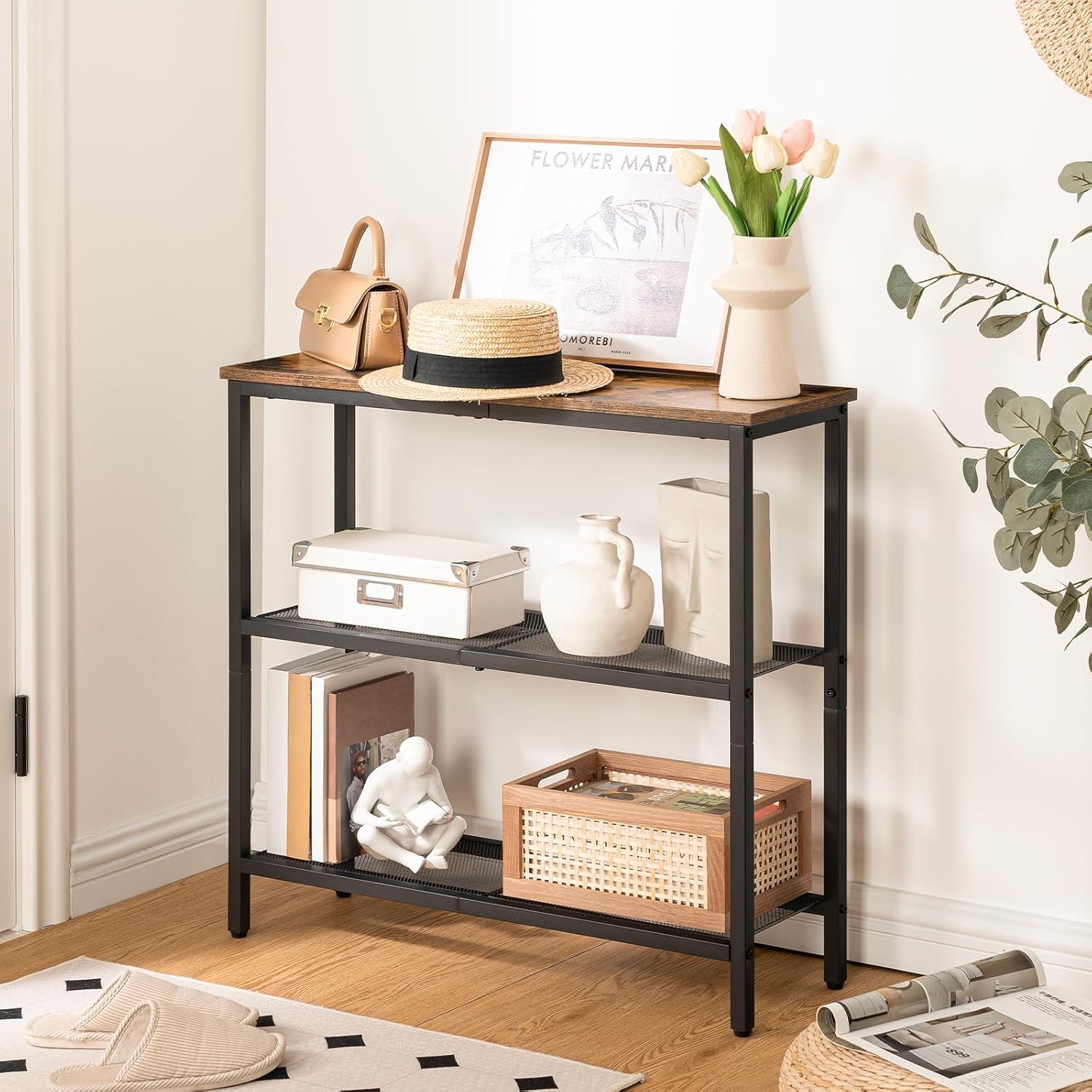 HOOBRO 29.5" Narrow Console Table, 3-Tier Entryway Table, Thin Sofa Table with Shelves, Side Table, Display Table, for Hallway, Entrance, Living Room, Bedroom, Rustic Brown and Black BF73XG01