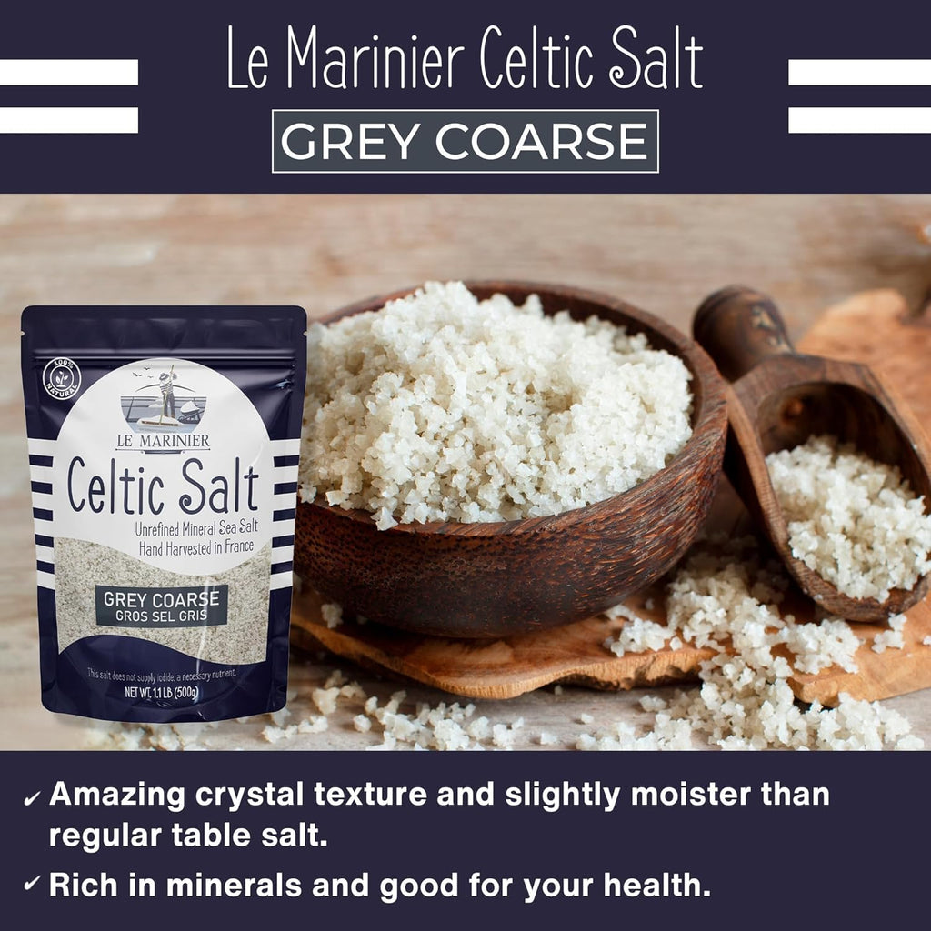 Le Marinier Celtic Salt Organic Grey Coarse, 1.1lb - 18oz. Mineral Rich 100% Natural and Unrefined French Sea Salt Organic. Hand Harvested Mineral Sea Salt, Sel Gris (1.1lb Grey Coarse)