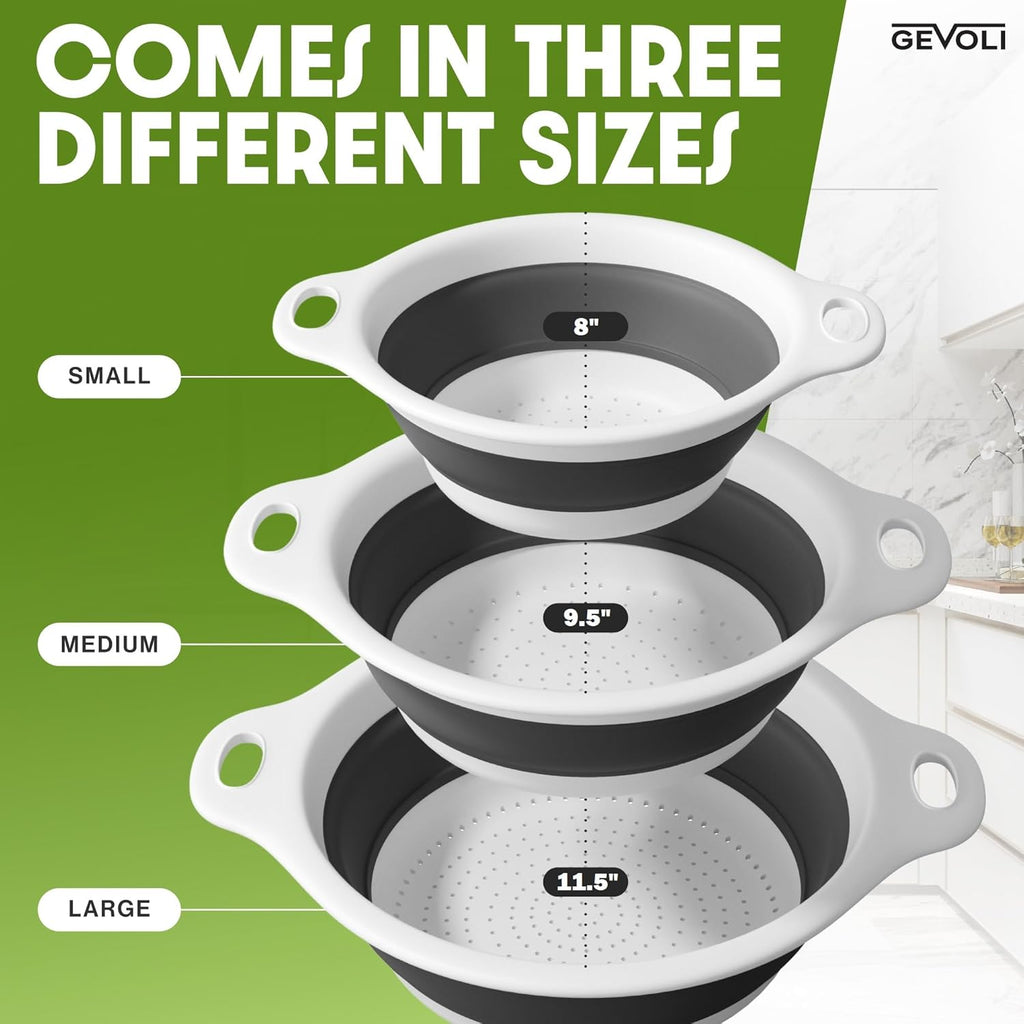 Collapsible Colanders (3 Pack Set) Food Strainers with Over-Sink Water Draining Base for Pasta Fruits and Vegetables (Patent Pending) White (3 Sizes, 3QT, 4QT and 5 Quart)