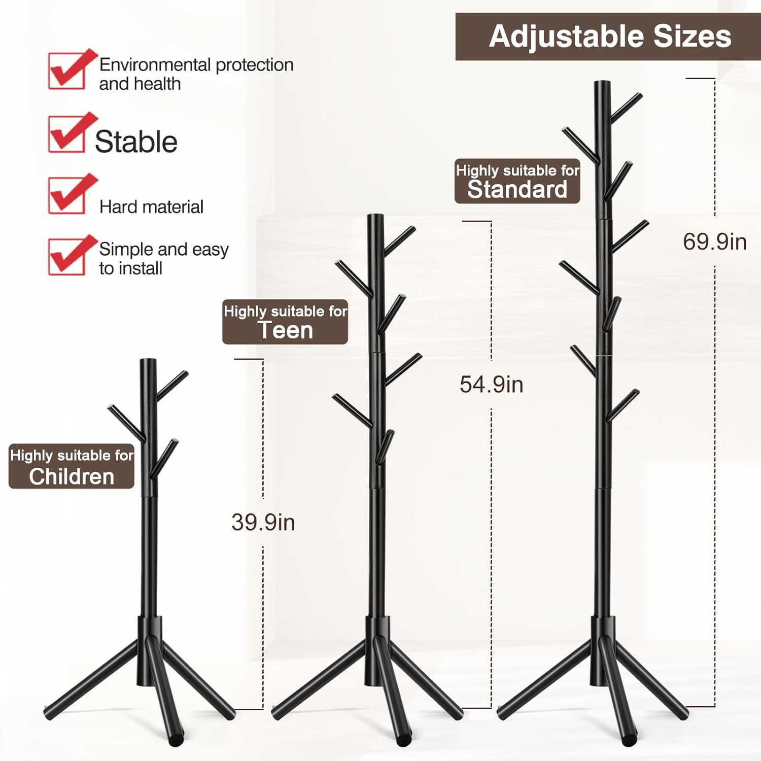 Coat Rack, Freestanding Coat Rack with 8 Hooks and 3 Adjustable Size Tree Coat Racks for Bedroom, Hallway, Entrance, Office, for Hats, Coats, Scarves, Handbags