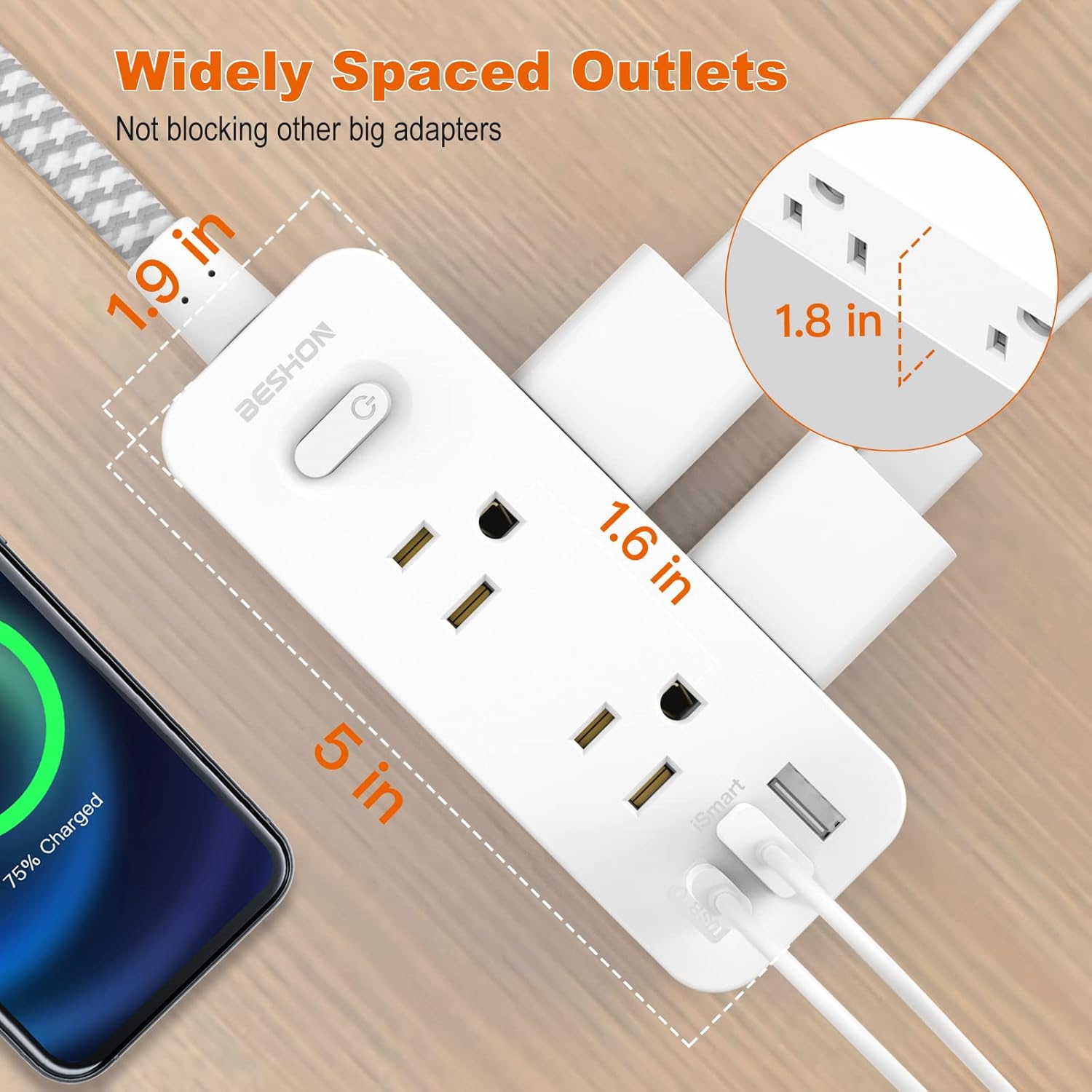 Power Strip Surge Protector, BESHON 5Ft Extension Cord, 6 Outlets with 4 USB Ports (2 USB C Outlet), 3-Side Outlet Extender, Wall Mount, Compact for Travel, Home, School, College Dorm Room and Office