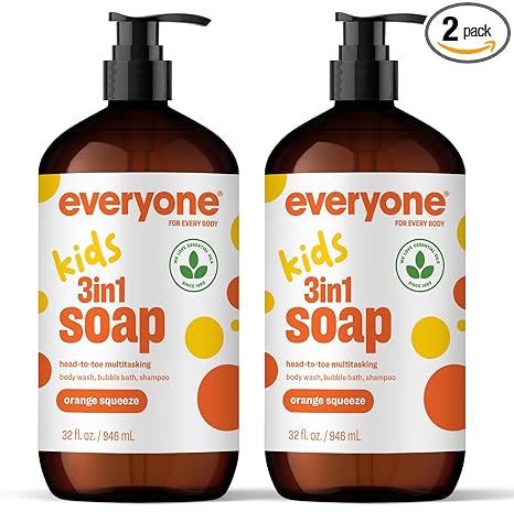 Everyone 3-in-1 Kids Soap, Body Wash, Bubble Bath, Shampoo, 32 Ounce (Pack of 2), Orange Squeeze, made with Essential Oils for Toddlers, Tweens and Teens
