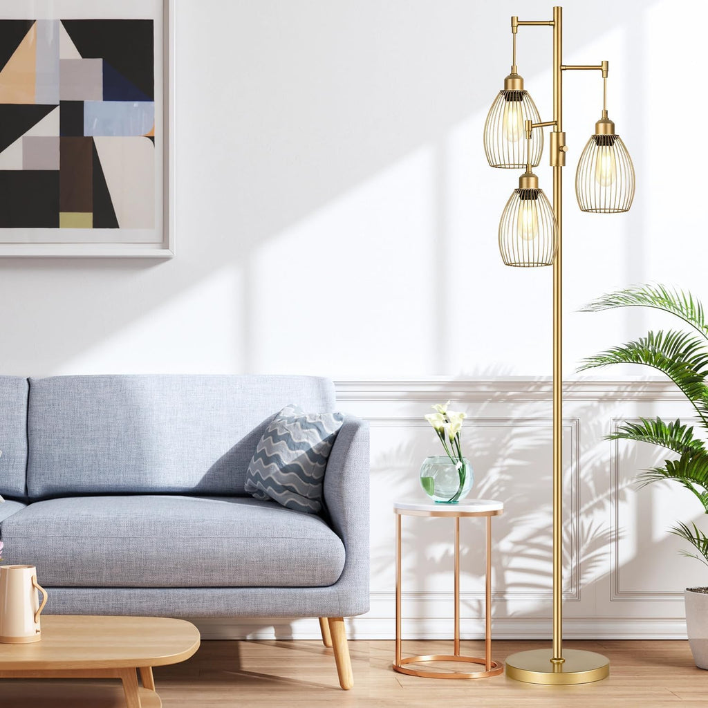 Dimmable Floor Lamp, Industrial Floor Lamps for Living Room, Gold Tree Lamp Standing Lamp Tall Lamps with 3 Elegant Teardrop Cage Head & 800 Lumens LED Bulbs for Living Room Bedroom Office