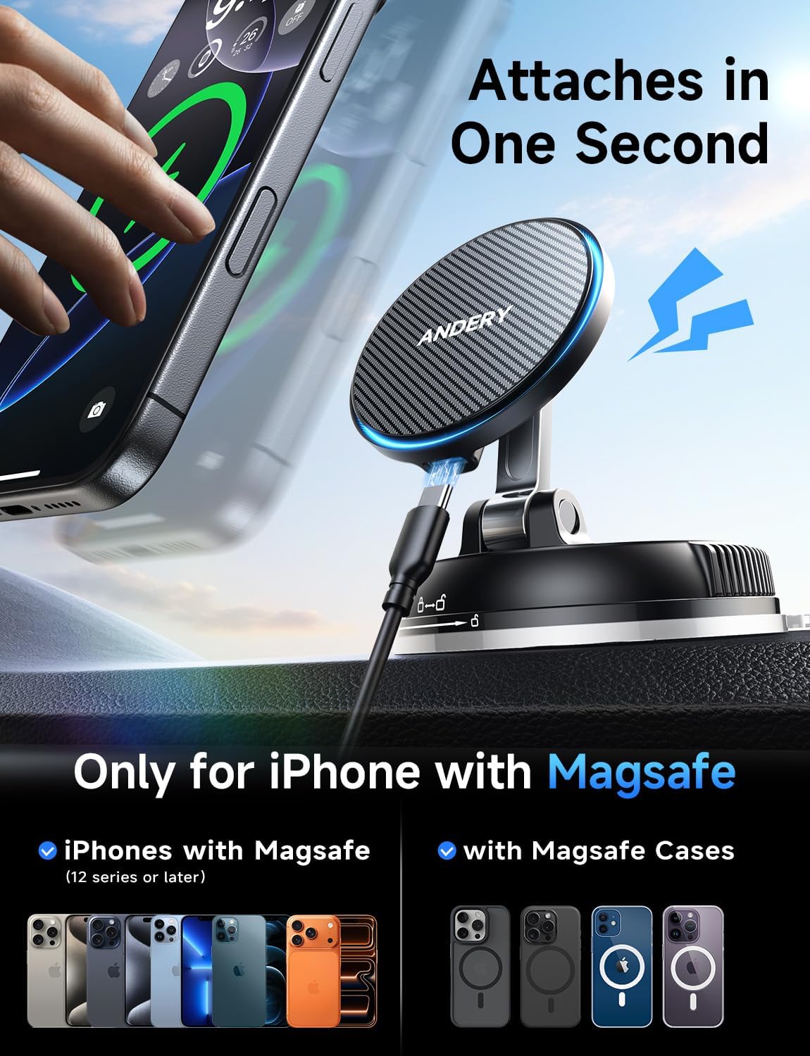 ANDERY Only for iPhone Magsafe Car Mount Charger [15W Wireless Faster Charging, 78+LBS Strongest Suction, 2400gf Strongest Magnetic] 360° Adjustable Car Phone Holder, Phone Holders for Your Car