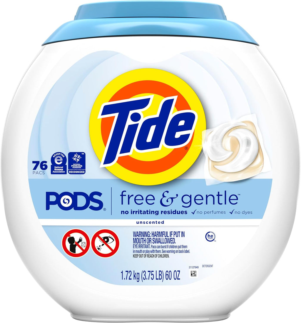 Tide PODS Free & Gentle Laundry Detergent Soap Pacs, HE Compatible, Unscented, Gentle on Skin, 76 Count, Tide PODS Laundry Detergent