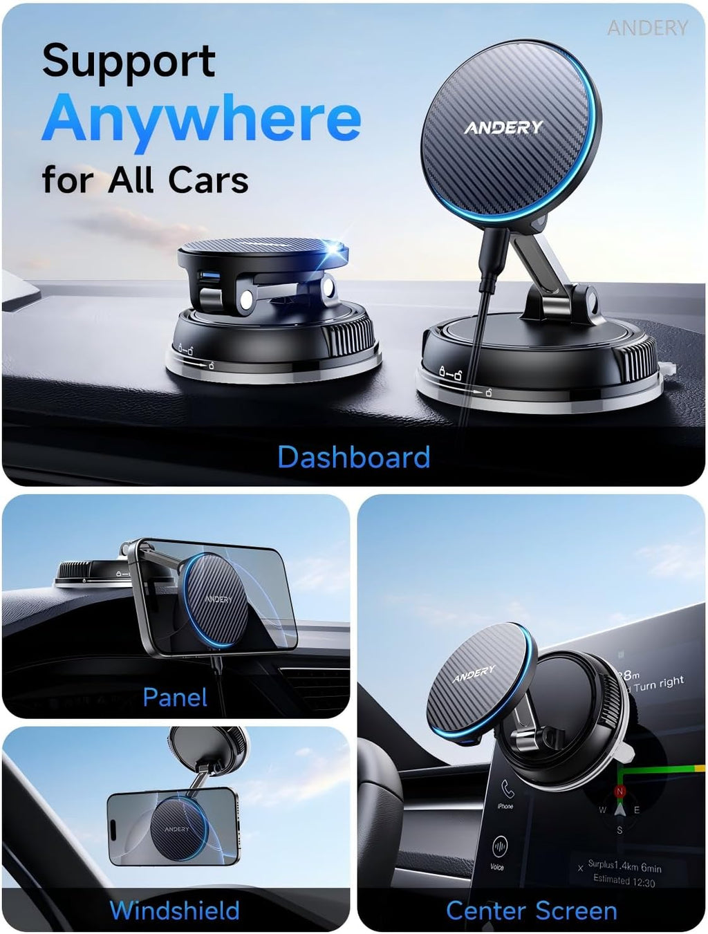 ANDERY Only for iPhone Magsafe Car Mount Charger [15W Wireless Faster Charging, 78+LBS Strongest Suction, 2400gf Strongest Magnetic] 360° Adjustable Car Phone Holder, Phone Holders for Your Car