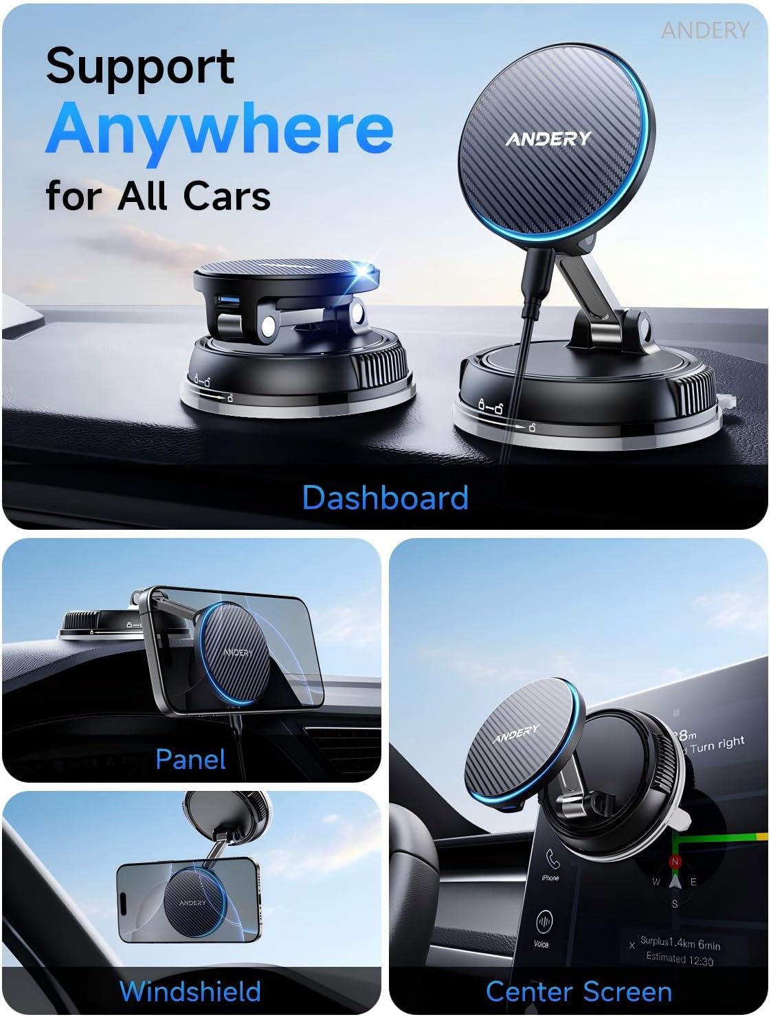 ANDERY Only for iPhone Magsafe Car Mount Charger [15W Wireless Faster Charging, 78+LBS Strongest Suction, 2400gf Strongest Magnetic] 360° Adjustable Car Phone Holder, Phone Holders for Your Car