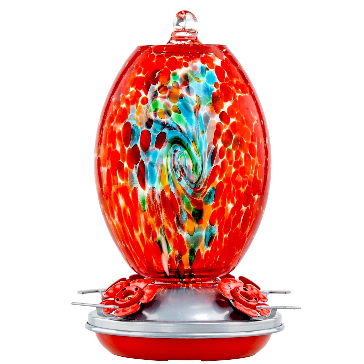 Muse Garden Glass Humming Bird Feeders for Outdoors - 27OZ Blown Glass Hummingbird Feeder - Unique Gift Mom Women Grandparents, Outdoors Hanging Garden Decor, Includes Ant Moat & Brush, Red Swirl