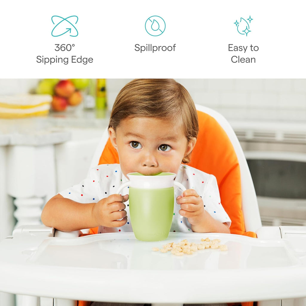 Munchkin Sippy Cup for 6 Month Old and Up, Spill Proof Miracle 360 Toddler Cups with Transition Handles, 7 Ounce, 2 Pack, Blue/Green