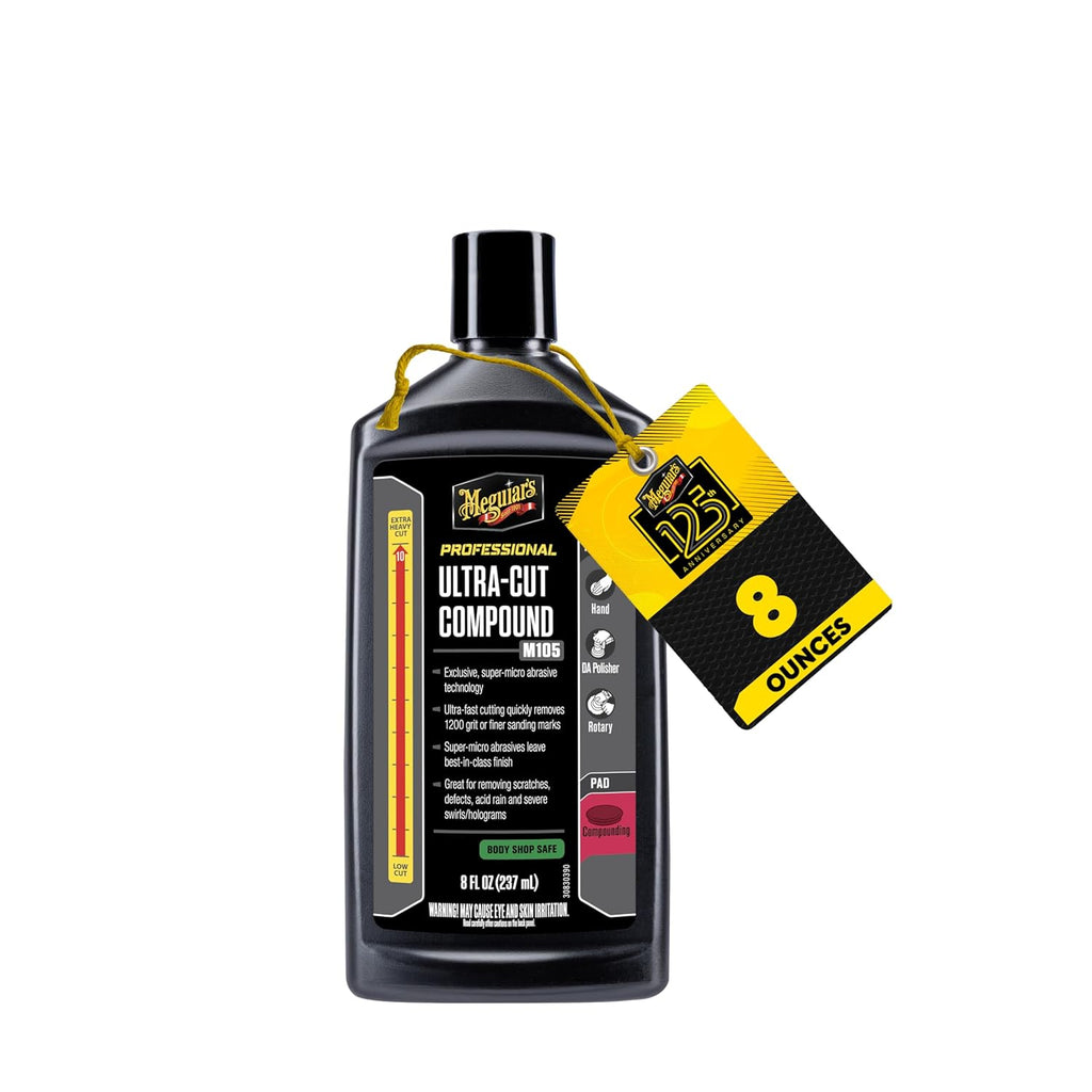 Meguiar’s Mirror Glaze M105 Ultra-Cut Compound, Pro-Grade Car Compound for Removing Scratches and Heavy Swirls, Restores Gloss and Clarity, Car Guy Gifts for Men and Women Who Love to Detail, 8 Oz