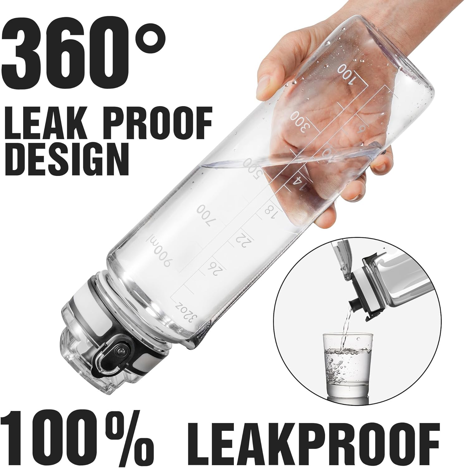 OLDLEY Water Bottle, 32oz Motivational Sports Water Bottle with Time Marker - Times to Drink - Tritan, BPA Free, Wide Mouth Leakproof, Clear (1 Bottle)