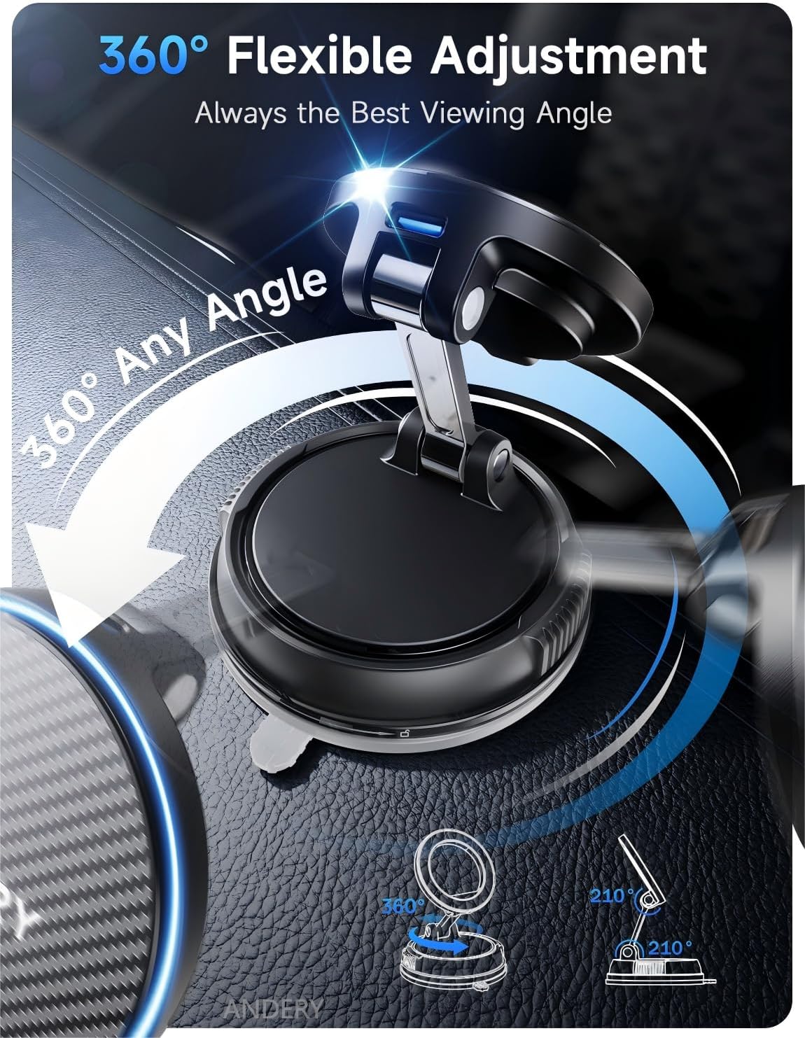 ANDERY Only for iPhone Magsafe Car Mount Charger [15W Wireless Faster Charging, 78+LBS Strongest Suction, 2400gf Strongest Magnetic] 360° Adjustable Car Phone Holder, Phone Holders for Your Car