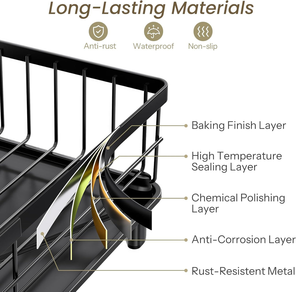 SNTD Dish Drying Rack - Small Dish Rack for Kitchen Counter, Stainless Steel Dish Drainer with Utensil Holder and Drainboard, 11" W x 15" L (Black)