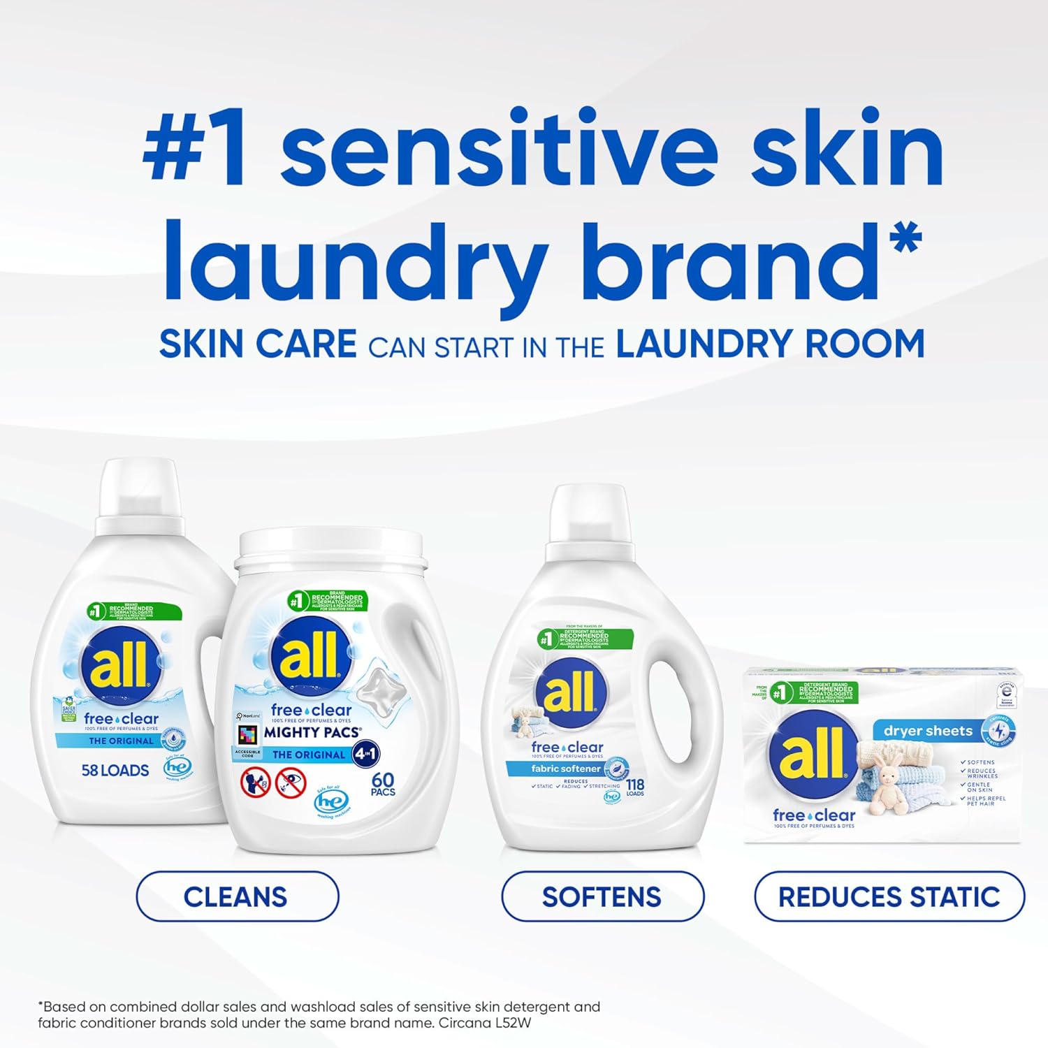 All Laundry Detergent Pacs, Mighty Pacs with OXI Stain Removers and Whiteners, Free Clear, Unscented and Dye Free, 56 Count