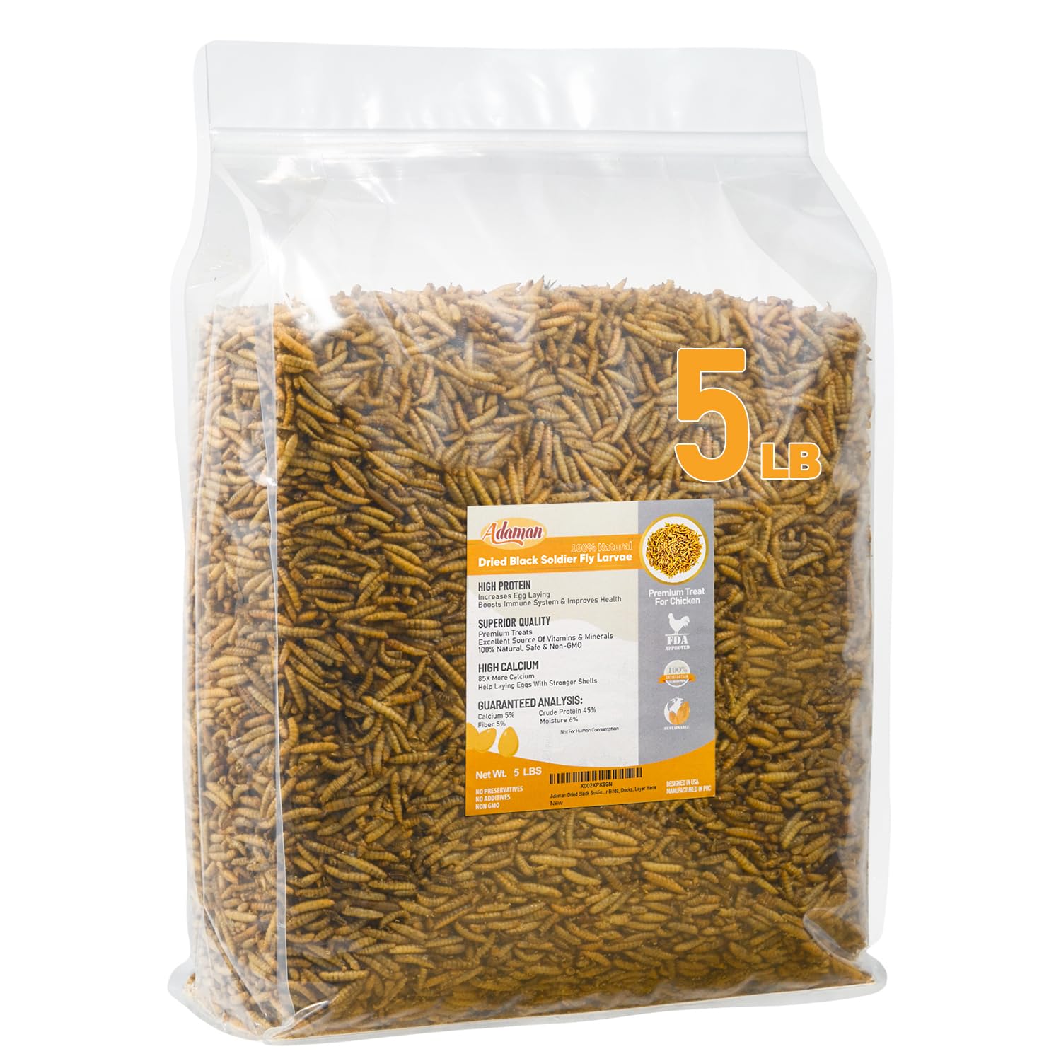 Adaman Dried Black Soldier Fly Larvae 5 LBS-100% Natural BSF Larvae-More Calcium Than Dried Mealworms High-Protein Chickens Treats, Food for Birds, Ducks, Layer Hens